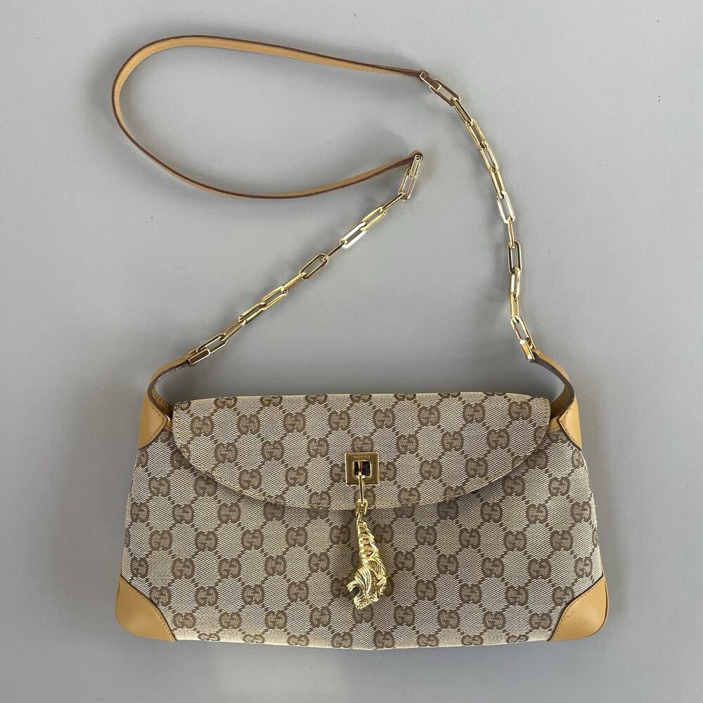 Gucci Beige GG Monogram Canvas Crossbody with Gold Chain and Tan Leather Trim